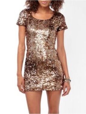 Forever 21 Rose Gold Sequin Short Sleeve Mini Dress